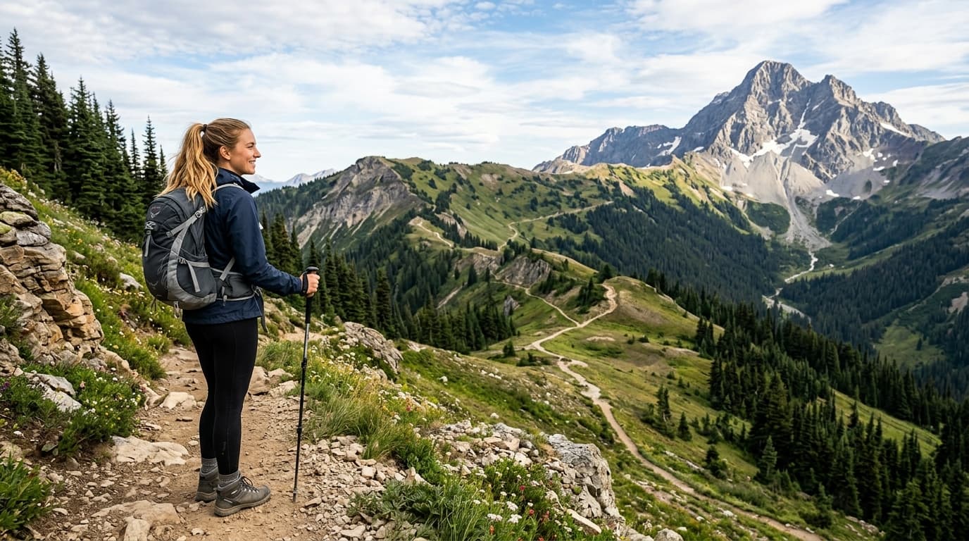 A hiker pauses on a mountain trail, looking out over green valleys and a winding path toward distant peaks