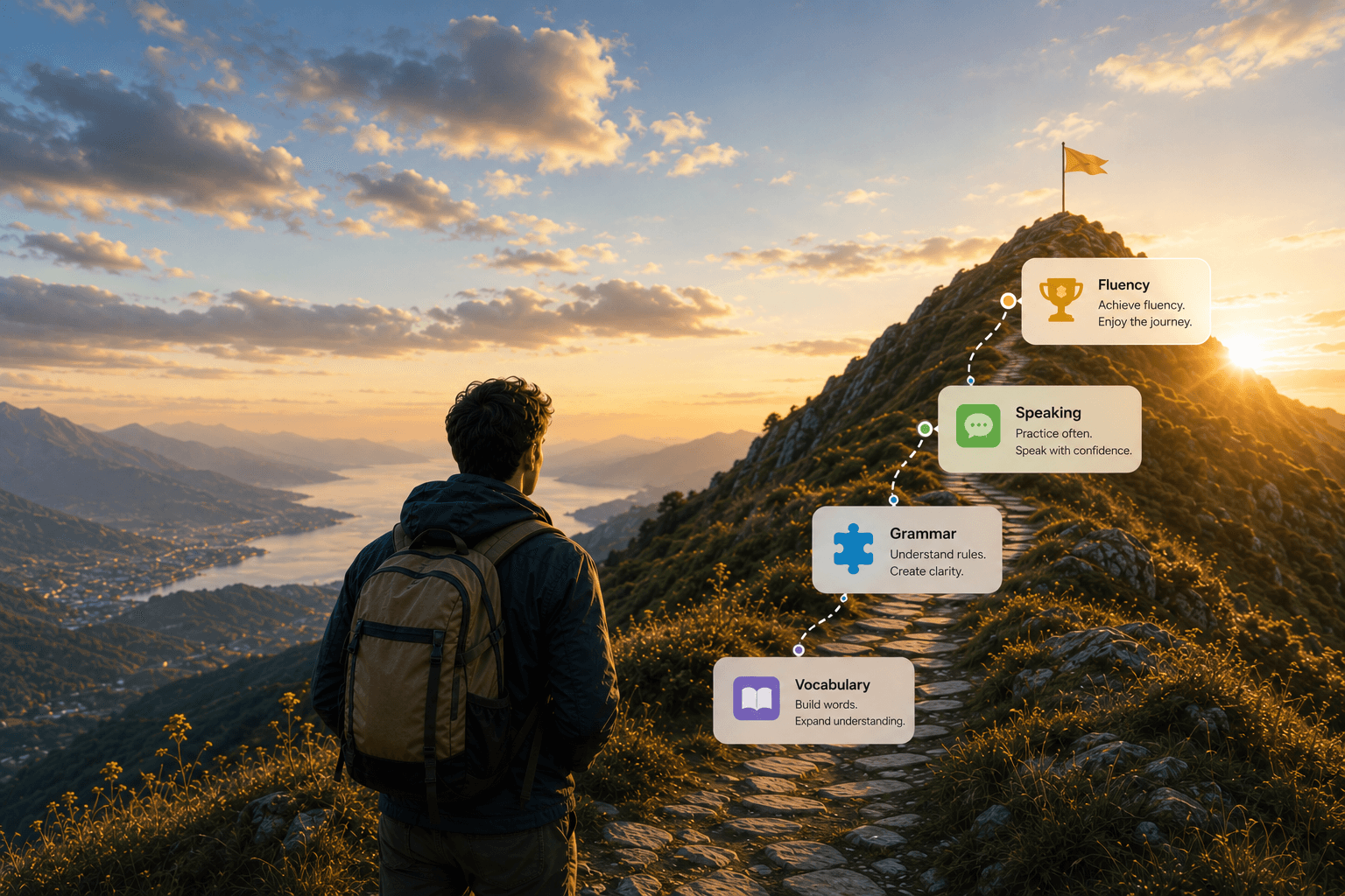 A traveler pauses on a mountain trail marked with icons for reading, conversation, and practice, following it toward a flag at the summit
